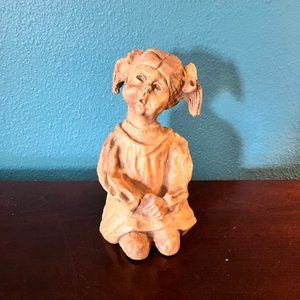 DAVE GROSSMAN Vintage 1975 Signed Clay Pigtailed Young Girl with Hands Folded